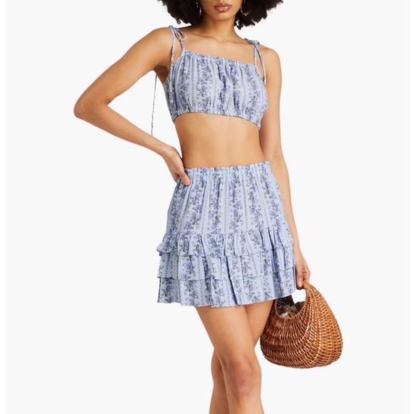 LoveShackFancy Tops - LoveShackFancy Floral Blue Ruffle Top XS NWT